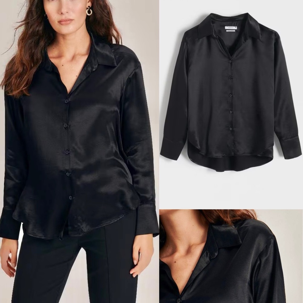 ASOS Reserved- black satin viscose button front collared flowy long sleeve top